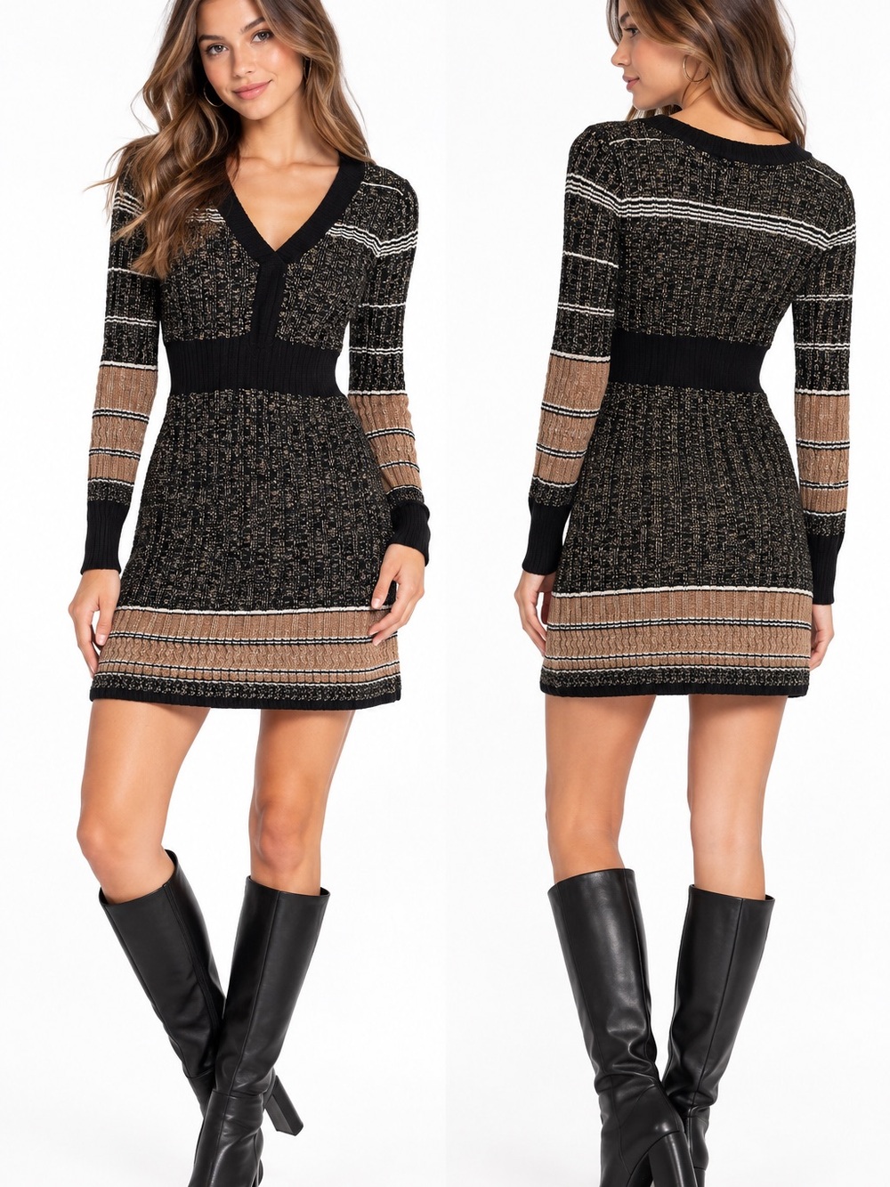 Candie's Black and Brown Striped V-Neck Mini Sweater Dress